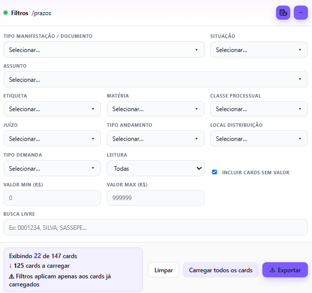 Painel de filtros expandido com 13 filtros, contador de cards e botões de ação.